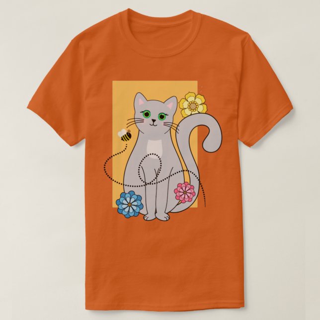 Camiseta Gato com flores e uma abelha (Frente do Design)