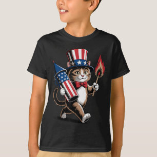 Camiseta Gato Com Fogos De Artifício 4 De Julho Crianças De