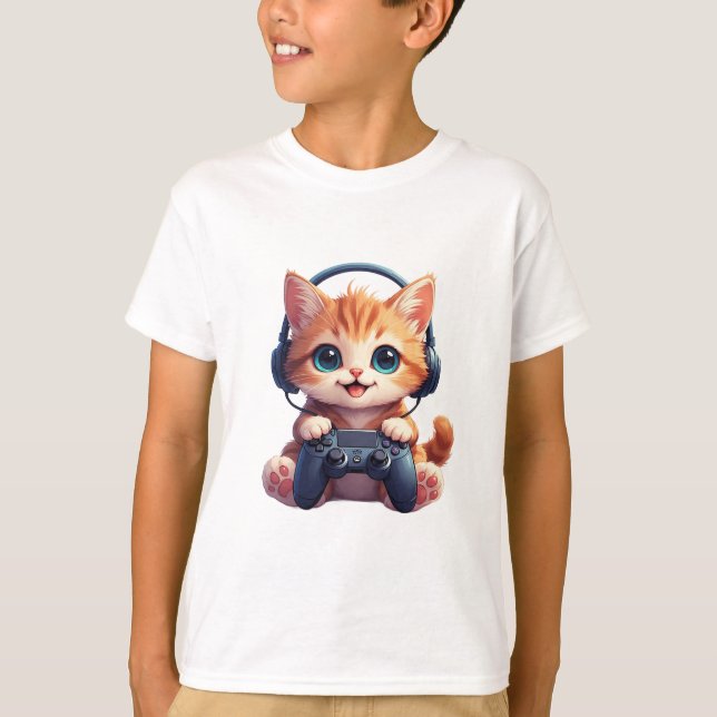 Camiseta Gato com fones de ouvido e controle (Frente)