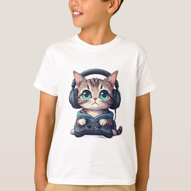 Camiseta Gato com fones de ouvido e controle (Frente)