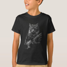 Camiseta Gato com Jaqueta de couro tocando violão elétrico