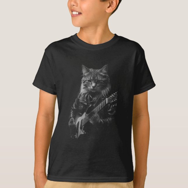 Camiseta Gato com Jaqueta de couro tocando violão elétrico (Frente)