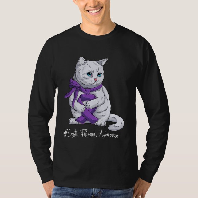 Camiseta Gato com Laço Roxo do Mês de Conscientização da Fi (Frente)