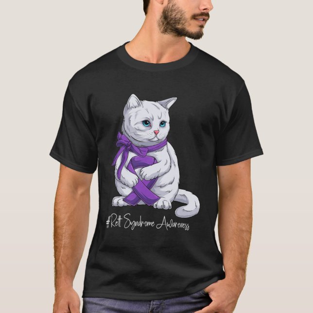 Camiseta Gato com Laço Roxo do Mês de Conscientização da Sí (Frente)