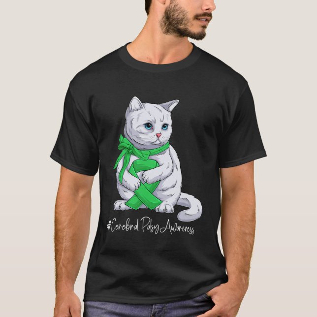 Camiseta Gato com Laço Verde do Mês de Conscientização da P (Frente)