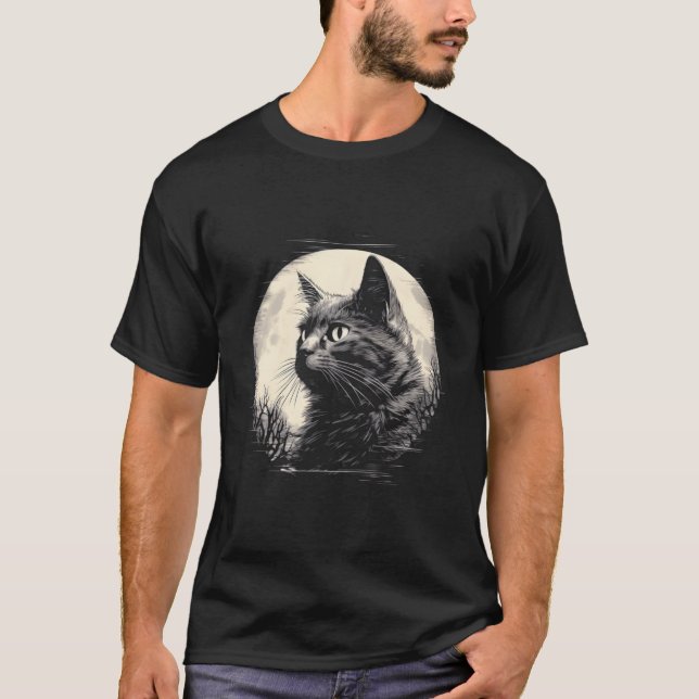 Camiseta Gato Com Lua Cheia Em Segundo Plano Gato De Lua Ch (Frente)