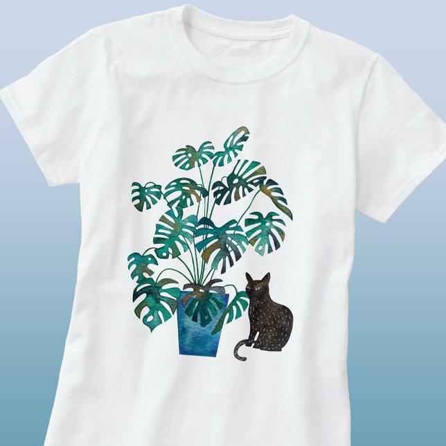 Camiseta Gato com Monstera Plant Watercolor (Cat with Swiss Cheese Plant watercolor art t-shirt)
