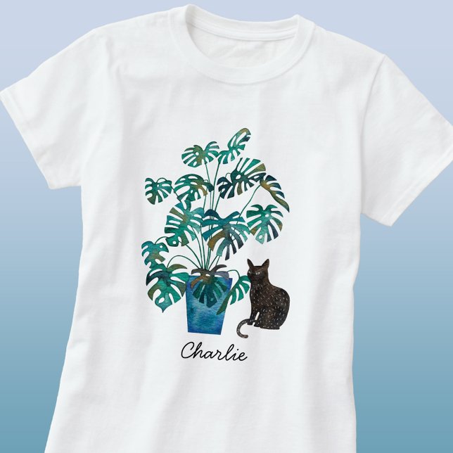 Camiseta Gato com Monstera Plant Watercolor Personalizado (Personalize name cat with swiss cheese plant watercolor art t-shirt)