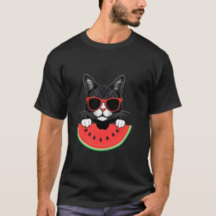 Camiseta Gato com Óculos de Sol Comendo Melancia Férias de