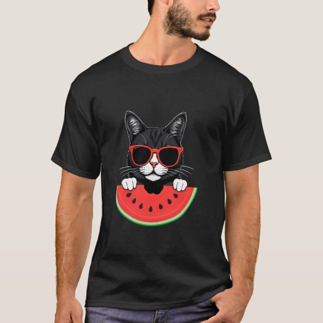 Camiseta Gato com Óculos de Sol Comendo Melancia Férias de  (Frente)