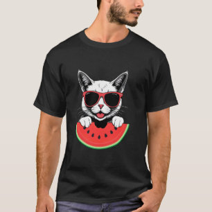 Camiseta Gato com Óculos de Sol Comendo Melancia Férias de 