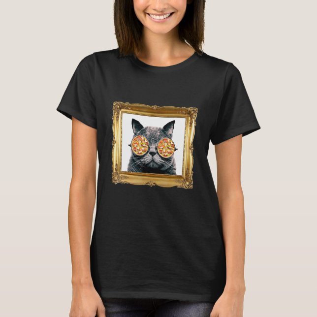 Camiseta Gato com Óculos de Sol de Pizza   Gatinho Comida I (Frente)