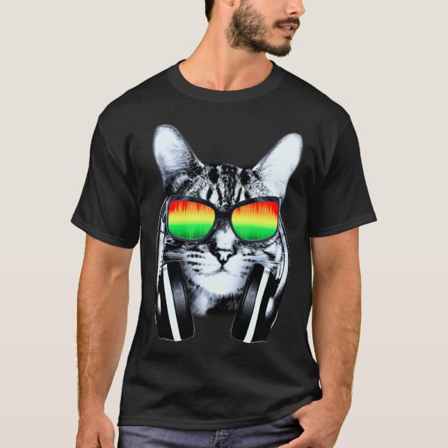Camiseta Gato com óculos de sol e fones de ouvido (Frente)