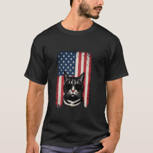 Camiseta Gato Com Óculos De Sol Retro Bandeira EUA Gatinho