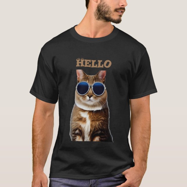 Camiseta Gato com óculos escuros, olá, T-Shirt (Frente)