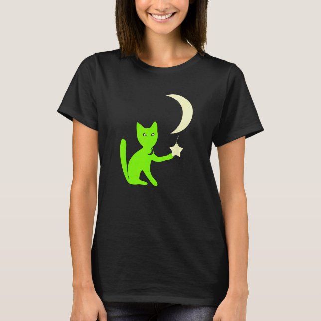 Camiseta Gato Com Olhos de Estrela Brincando Com Estrela de (Frente)