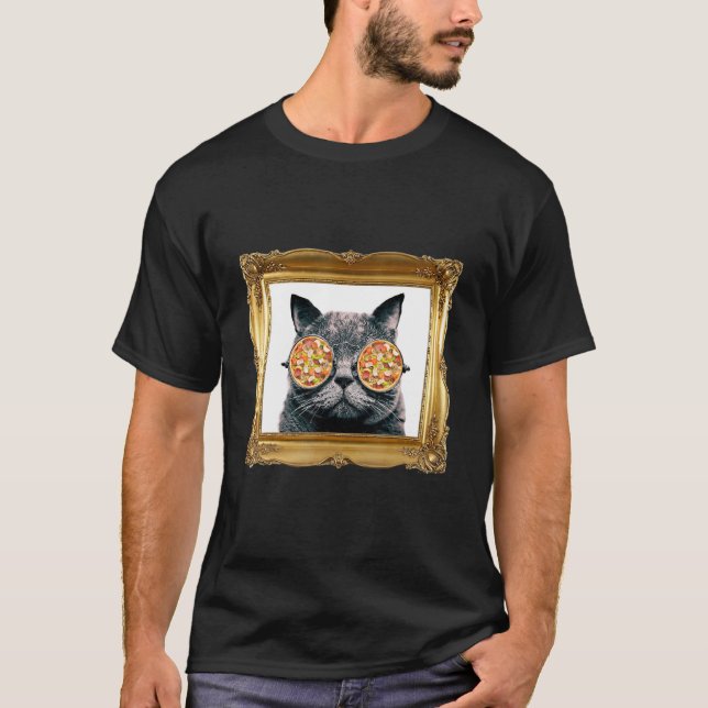 Camiseta Gato com Pizza Óculos escuros Gatinhos Comida ital (Frente)