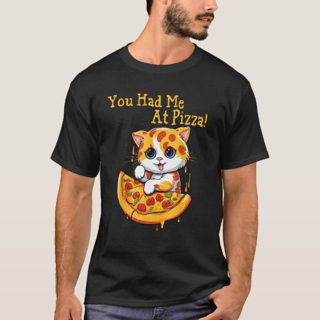 Camiseta Gato com pizza. Você me pegou na pizza (Frente)
