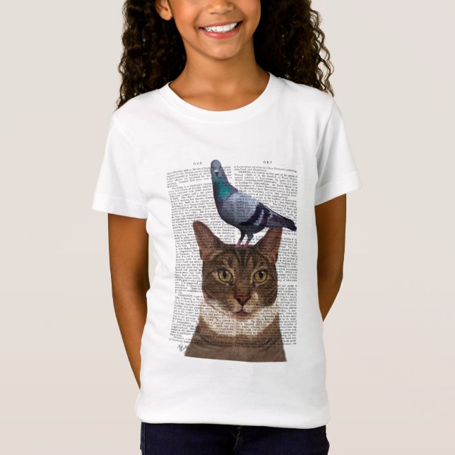 Camiseta Gato com Pombo na Cabeça (Frente)