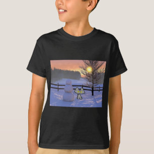 Camiseta Gato com um boneco de neve