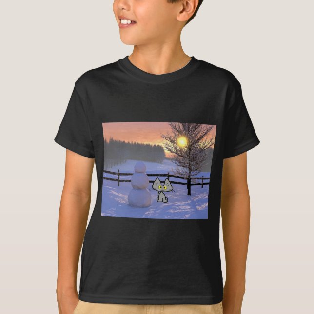 Camiseta Gato com um boneco de neve (Frente)