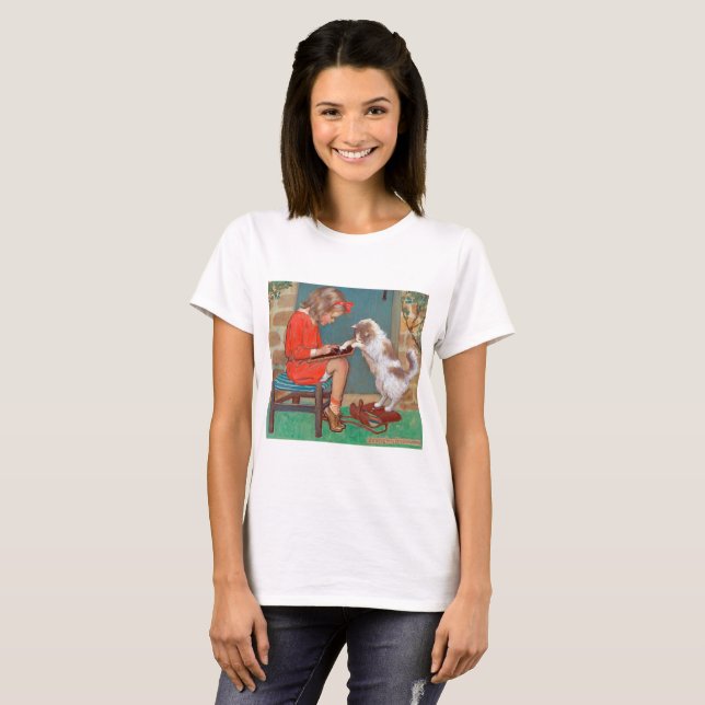 Camiseta Gato com uma garota, Jessie Willcox Smith (Frente Completa)