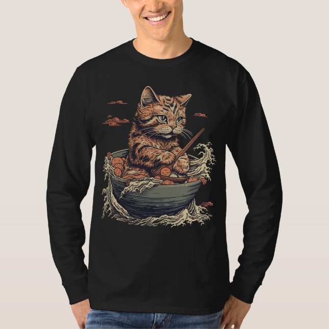 Camiseta gato come Ramen, onda de Kanawaga (Frente)