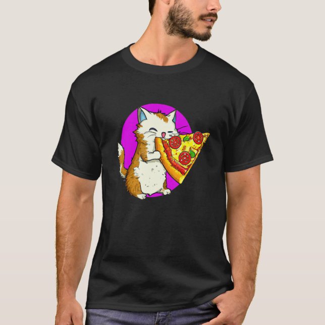 Camiseta Gato Comendo Design de Gato e Pizza (Frente)