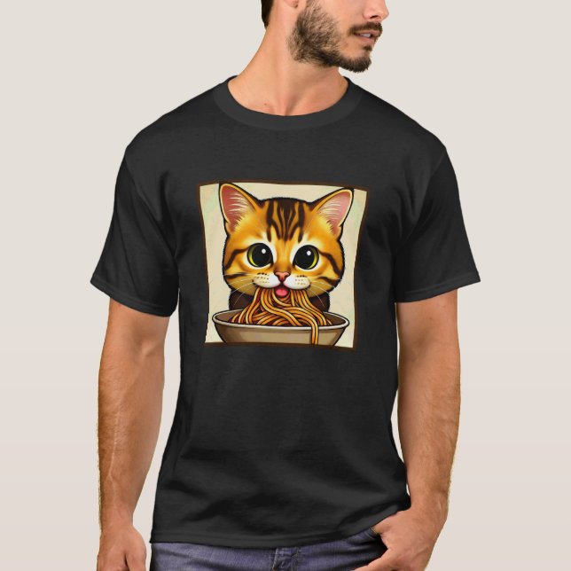 Camiseta Gato Comendo Espaguete Engraçado (Frente)