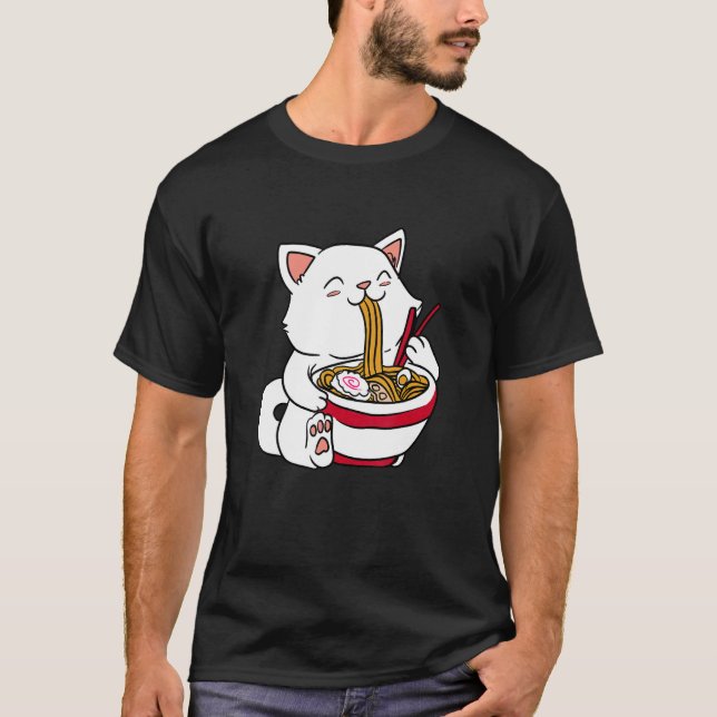 Camiseta Gato Comendo Macarrão Ramen Comida Japonesa (Frente)