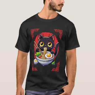 Camiseta Gato Comendo Macarrão Ramen Vintage Estilo Japonês