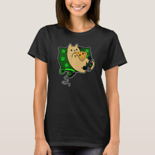 Camiseta Gato Comendo Pizza E Relaxando No Travesseiro Verd