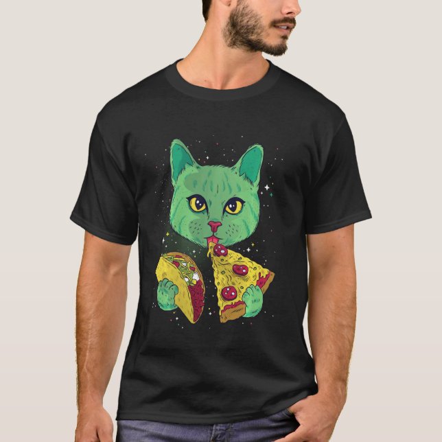 Camiseta Gato Comendo Pizza e Taco no Espaço Presente em Ga (Frente)