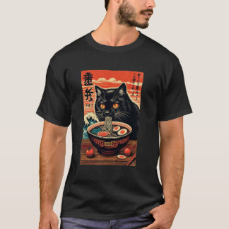 Camiseta Gato Comendo Ramen, Amante de Gatos, Estilo Japonê