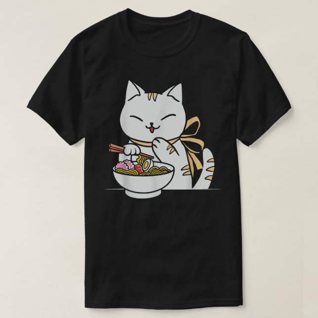 Camiseta Gato Comendo Ramen Bowl Kawaii Anime Japonês Cute  (Frente do Design)