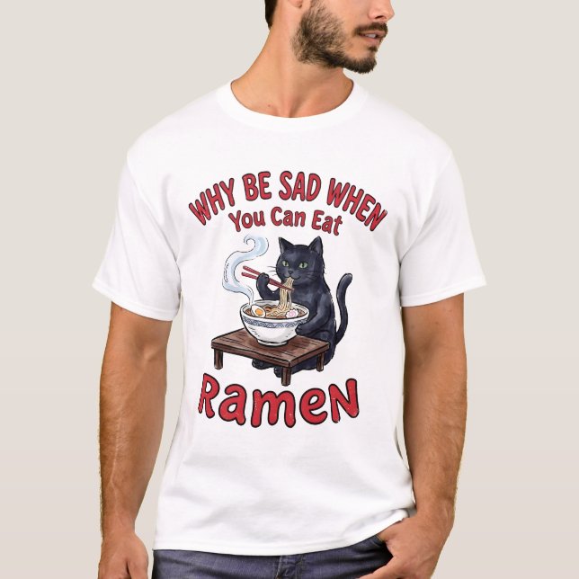 Camiseta Gato Comendo Ramen Felicidade Engraçada (Frente)