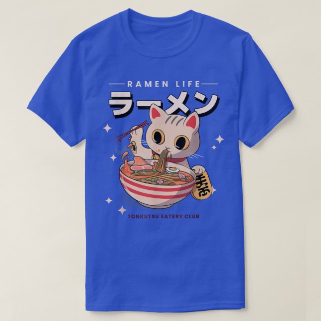 Camiseta Gato Comendo Ramen Japonês Fofo Kawaii Anime Tee (Frente do Design)