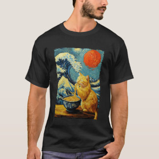 Camiseta Gato Comendo Ramen Obra de Arte Onda Kanagawa Van 