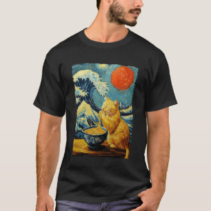 Camiseta Gato Comendo Ramen Obra de Arte Onda Kanagawa Van