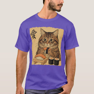 Camiseta Gato Comendo Sushi Arte Japonesa Engraçada Estilo