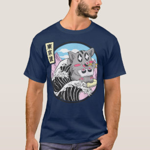 Camiseta Gato Comendo Sushi Navegando em Kanagawa Animado B