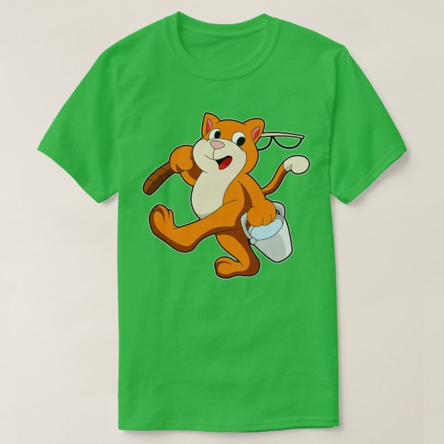 Camiseta Gato como Anca com Balde de água da vara de pesca (Frente do Design)
