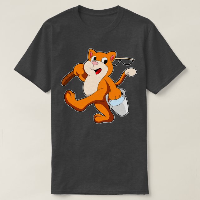 Camiseta Gato como Anca com Balde de água da vara de pesca (Frente do Design)