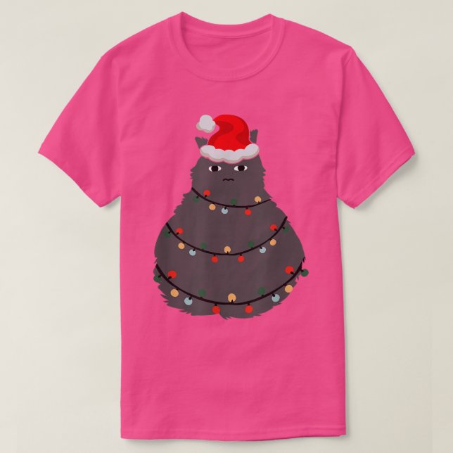 Camiseta Gato como árvore de Natal com luzes de fadas (Frente do Design)