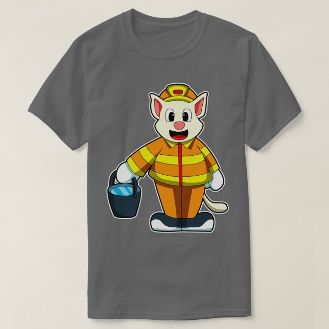 Camiseta Gato como Bombeiro com Balde de água (Frente do Design)