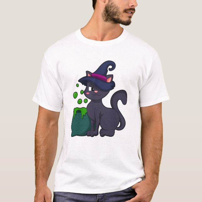 Camiseta Gato como bruxa com caldeirão (Frente)