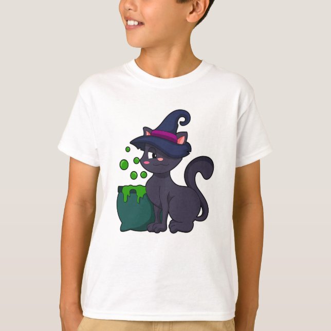 Camiseta Gato como bruxa com caldeirão (Frente)