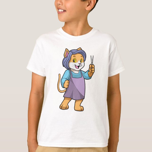 Camiseta Gato como cabeleireiro com tesoura (Frente)