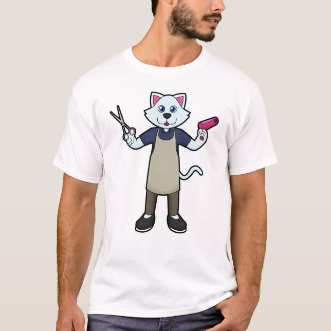 Camiseta Gato como cabeleireiro com tesoura e secador de ca (Frente)