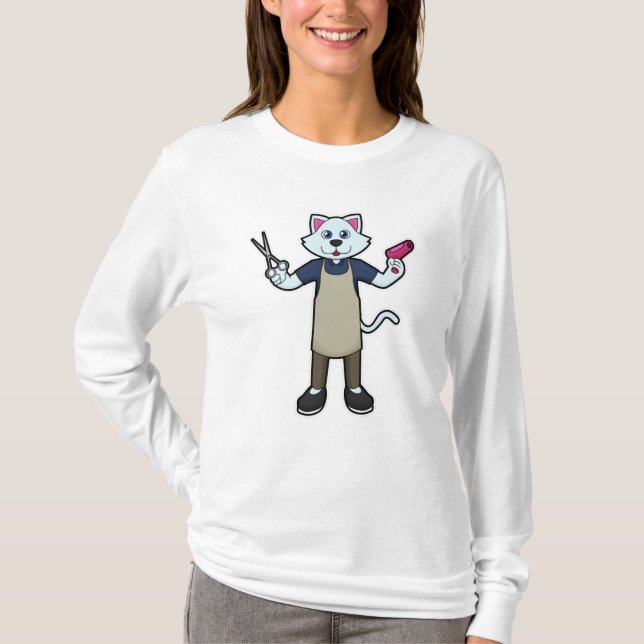 Camiseta Gato como cabeleireiro com tesoura e secador de ca (Frente)
